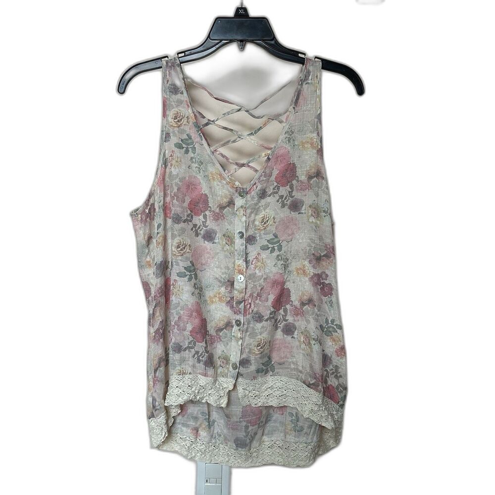 Eyelash Tank Top Xl Floral Crochet Hem Sheer Boho Coquette Cottage Fairy Dreamy